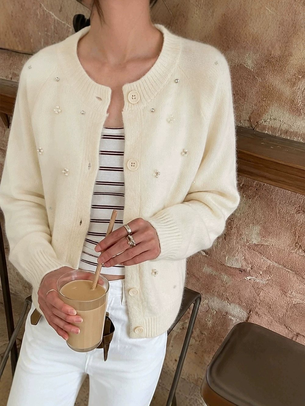 ZARA French Chic 3D Pearl Women Oversized Knit Cardigan